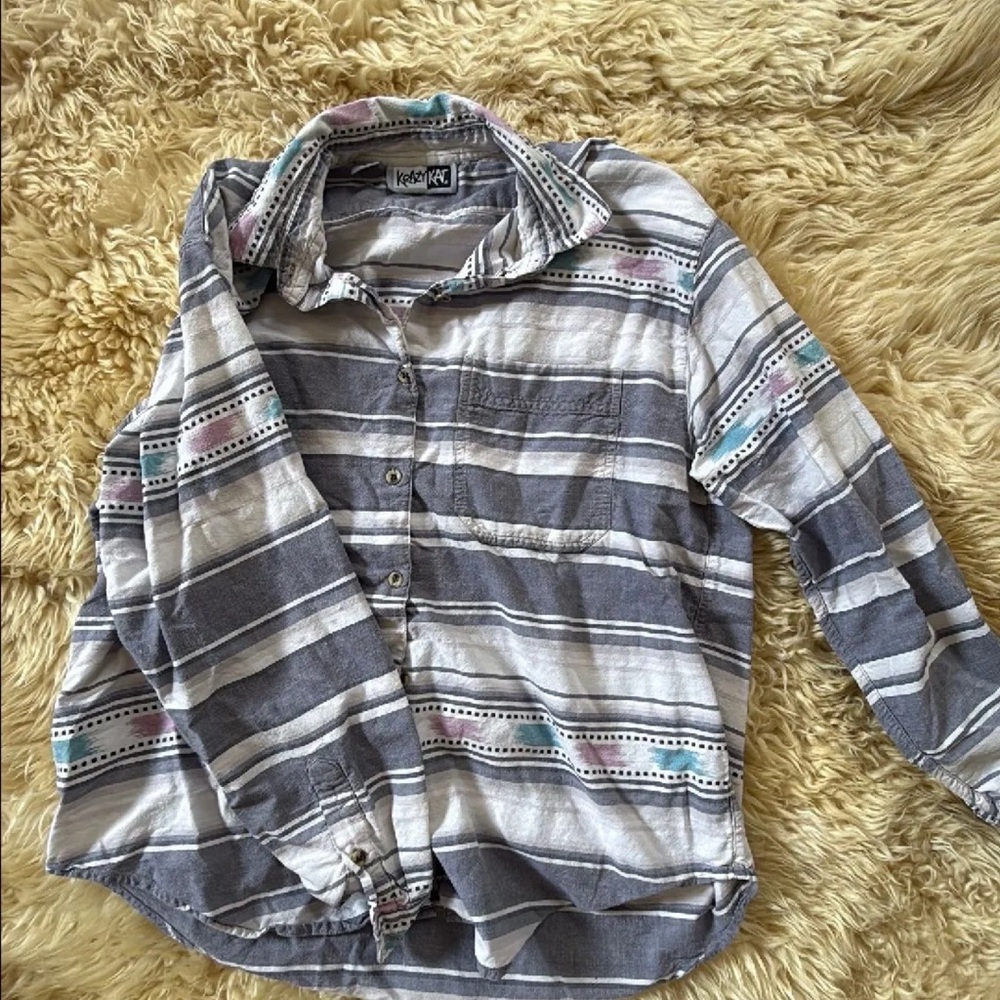 Roxy Kids Striped Button-Up Shirt - Gray and Pink